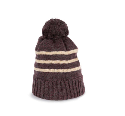 KNITTED STRIPED BEANIE IN RECYCLED YARN - Dark Rosewood Heather/Light Sand Heather - modelimageurl
