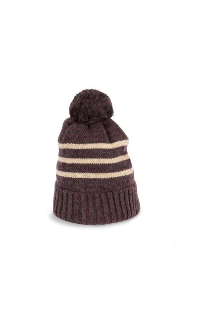KNITTED STRIPED BEANIE IN RECYCLED YARN - Dark Rosewood Heather/Light Sand Heather - colorimageurl