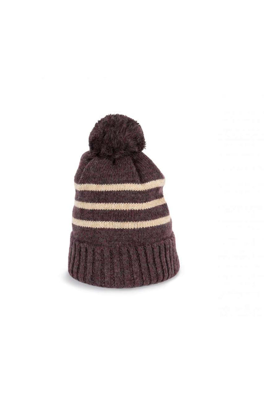 KNITTED STRIPED BEANIE IN RECYCLED YARN - Dark Rosewood Heather/Light Sand Heather - colorimageurl