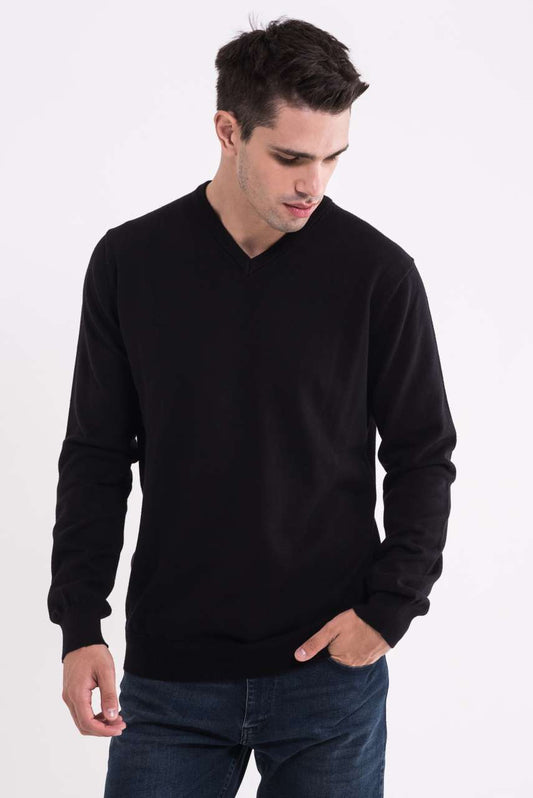 MEN’S V-NECK FINE GAUGE COTTON PULLOVER - Black - colorimageurl
