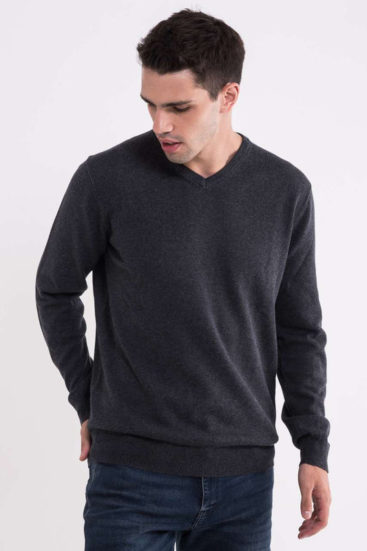 MEN’S V-NECK FINE GAUGE COTTON PULLOVER - Dark Melange Grey - colorimageurl