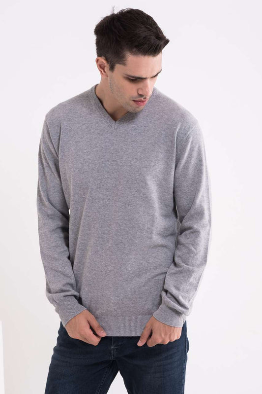 MEN’S V-NECK FINE GAUGE COTTON PULLOVER - Light Melange Grey - colorimageurl