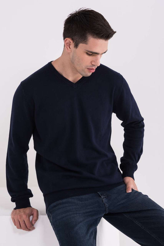 MEN’S V-NECK FINE GAUGE COTTON PULLOVER - Navy - colorimageurl