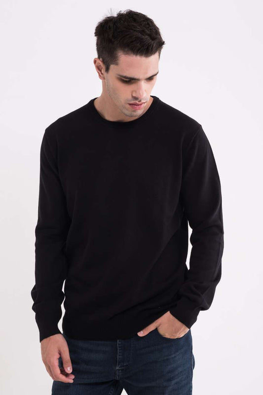MEN’S CREW NECK FINE GAUGE COTTON PULLOVER - Black - colorimageurl