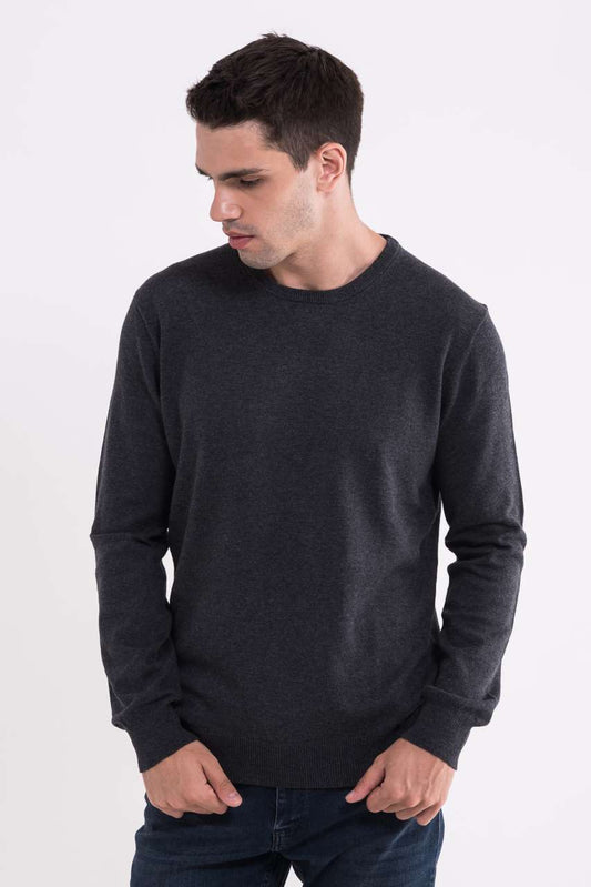 MEN’S CREW NECK FINE GAUGE COTTON PULLOVER - Dark Melange Grey - colorimageurl