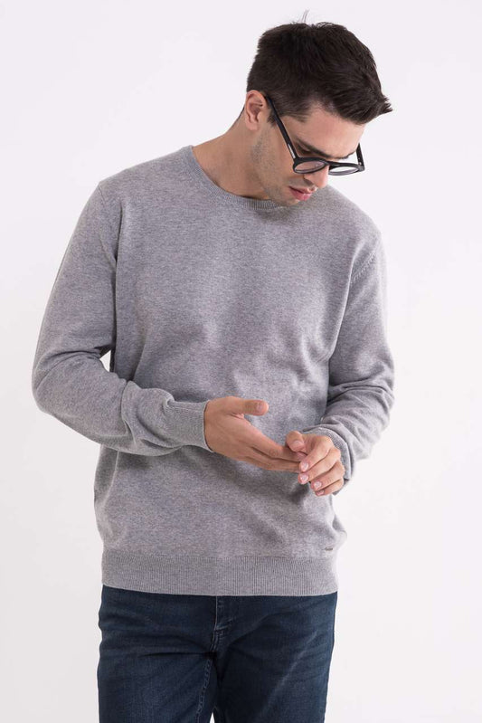 MEN’S CREW NECK FINE GAUGE COTTON PULLOVER - Light Melange Grey - colorimageurl