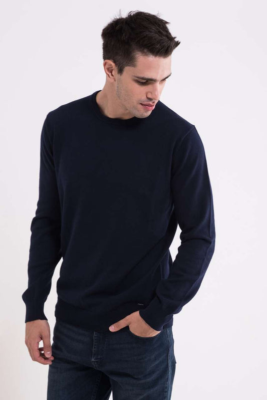 MEN’S CREW NECK FINE GAUGE COTTON PULLOVER - Navy - colorimageurl