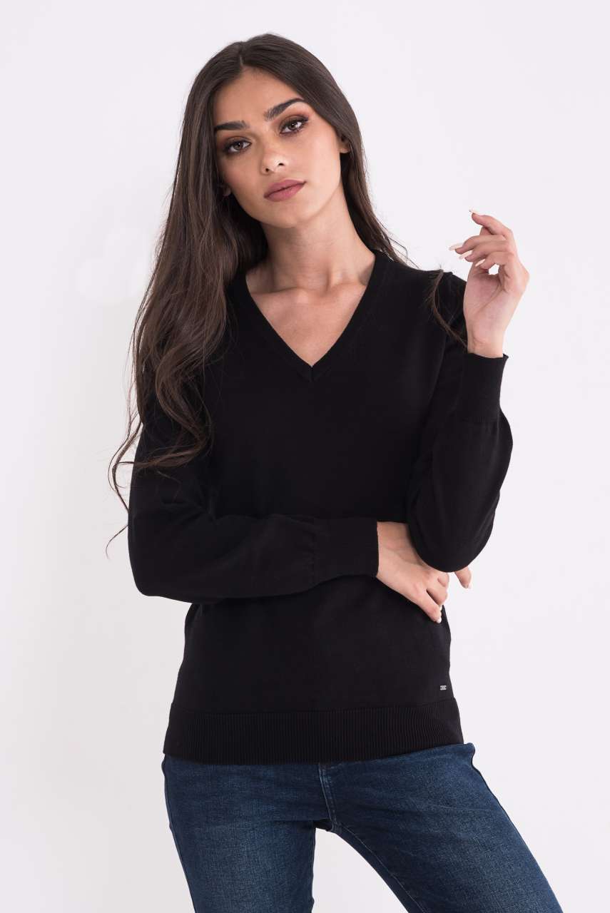 LADIES’ V-NECK FINE GAUGE COTTON PULLOVER - Black - colorimageurl
