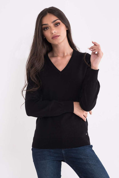 LADIES’ V-NECK FINE GAUGE COTTON PULLOVER - Black - colorimageurl
