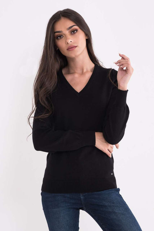 LADIES’ V-NECK FINE GAUGE COTTON PULLOVER - Black - colorimageurl