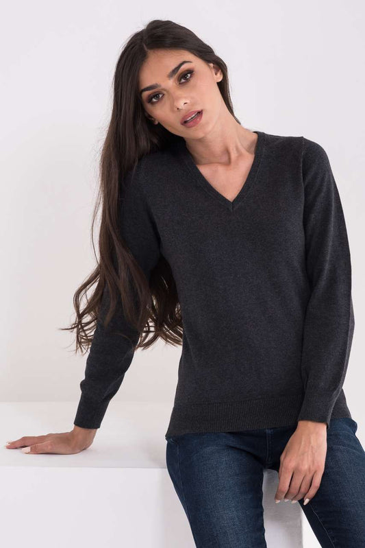 LADIES’ V-NECK FINE GAUGE COTTON PULLOVER - Dark Melange Grey - colorimageurl