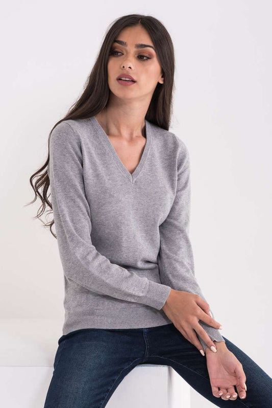 LADIES’ V-NECK FINE GAUGE COTTON PULLOVER - Light Melange Grey - colorimageurl