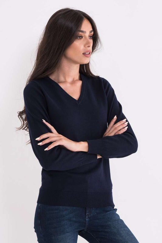 LADIES’ V-NECK FINE GAUGE COTTON PULLOVER - Navy - colorimageurl