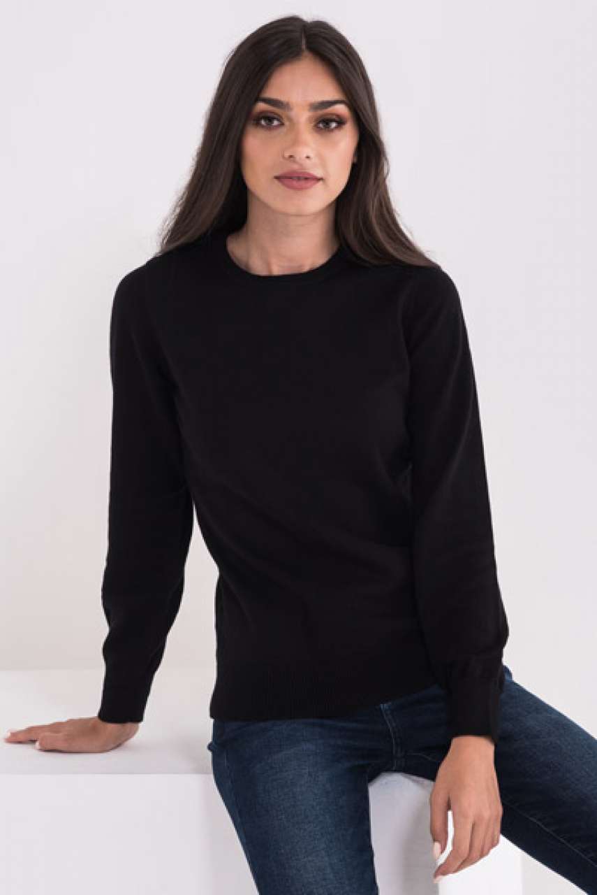 LADIES’ CREW NECK FINE GAUGE COTTON PULLOVER - Black - modelimageurl