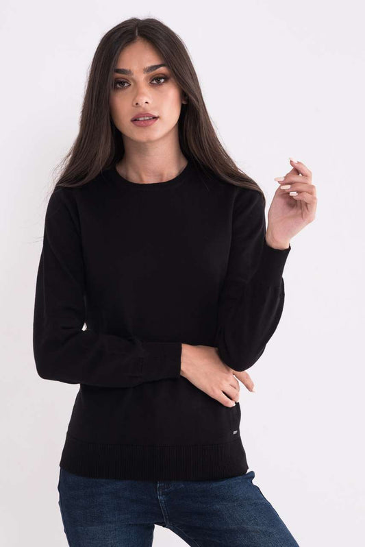 LADIES’ CREW NECK FINE GAUGE COTTON PULLOVER - Black - colorimageurl