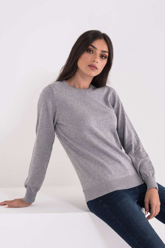 LADIES’ CREW NECK FINE GAUGE COTTON PULLOVER - Light Melange Grey - colorimageurl