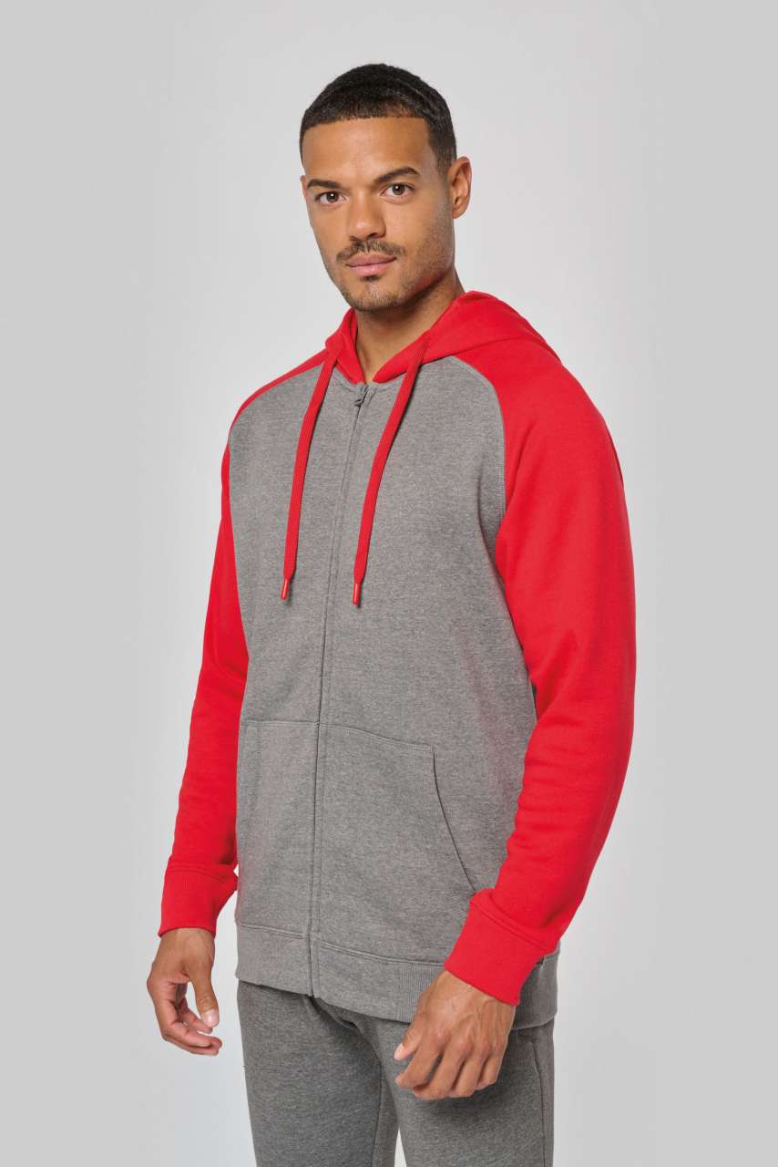 UNISEX TWO-TONE ZIPPED HOODED FLEECE JACKET - Grey Heather/Black - modelimageurl