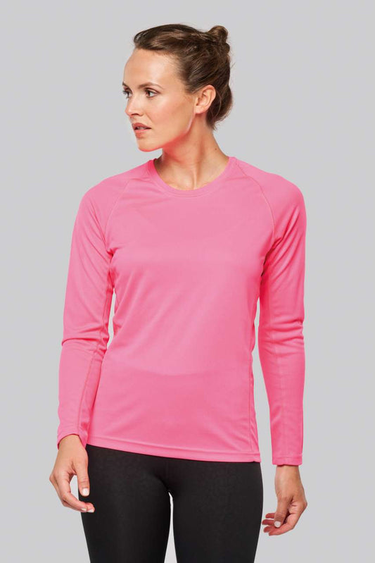 LADIES' LONG-SLEEVED SPORTS T-SHIRT - Fluorescent Pink - Model