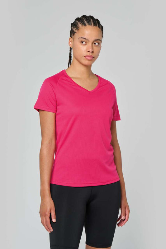LADIES’ V-NECK SHORT SLEEVE SPORTS T-SHIRT - Fuchsia - Model