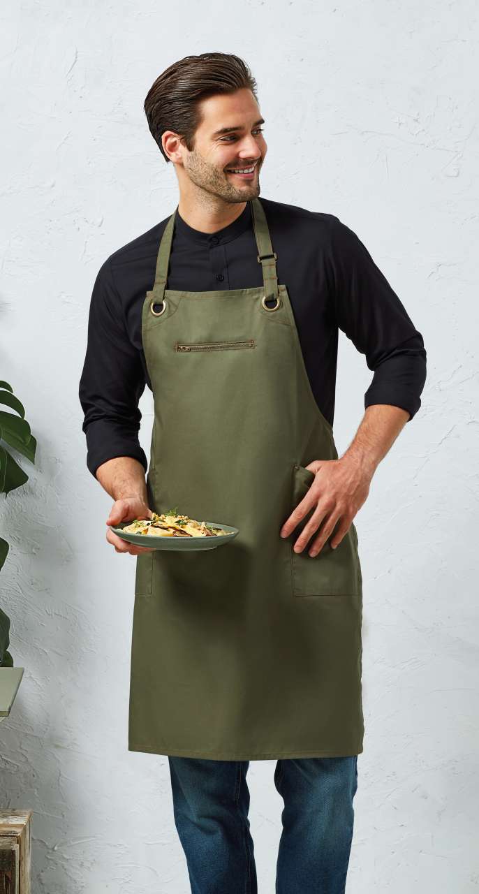 ‘BARLEY’ CONTRAST STITCH SUSTAINABLE BIB APRON - Black/Charcoal - modelimageurl