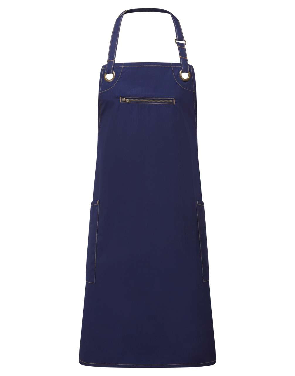 ‘BARLEY’ CONTRAST STITCH SUSTAINABLE BIB APRON - Navy/Camel - colorimageurl
