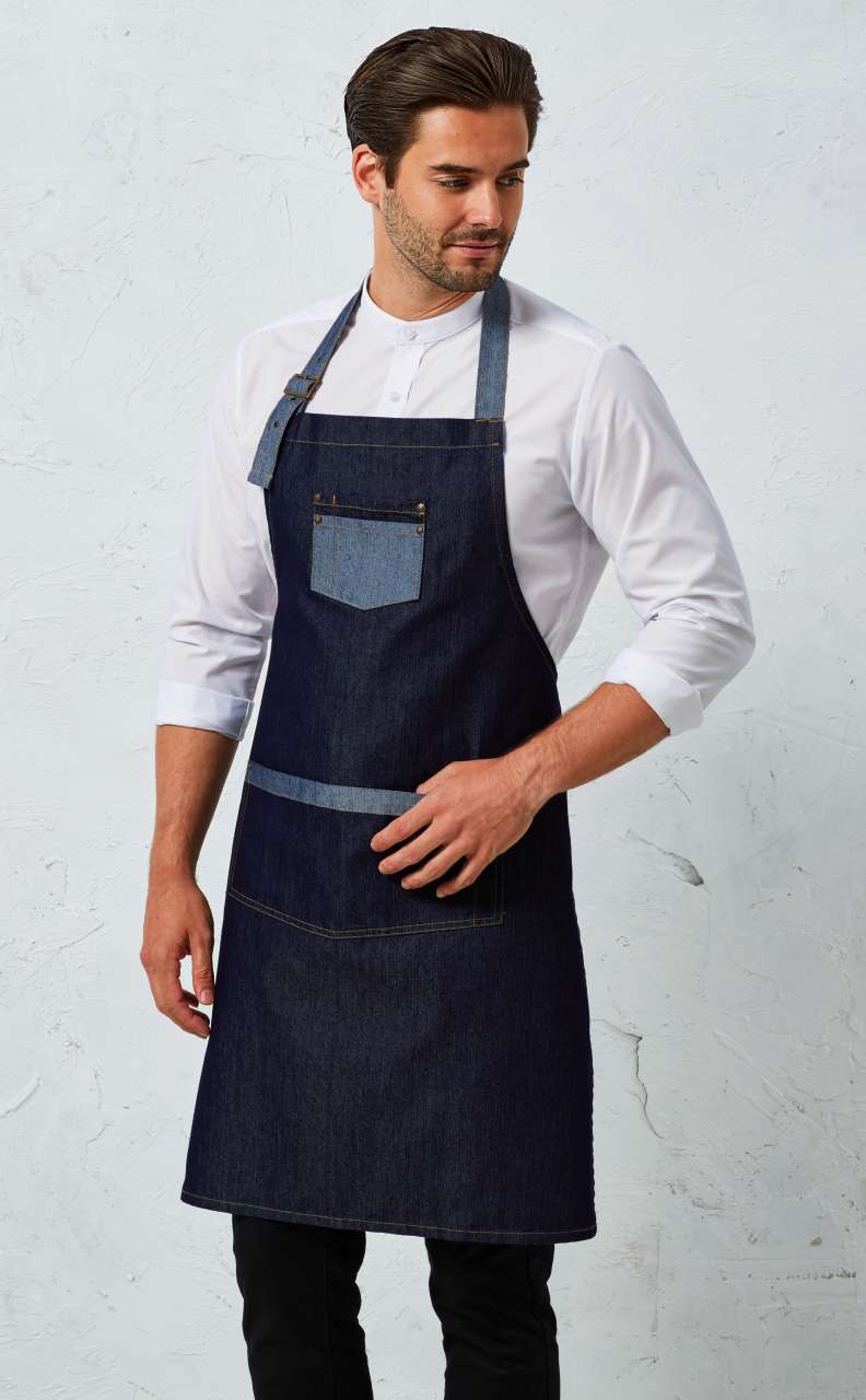 'DOMAIN' CONTRAST DENIM BIB APRON - Black Denim - Model