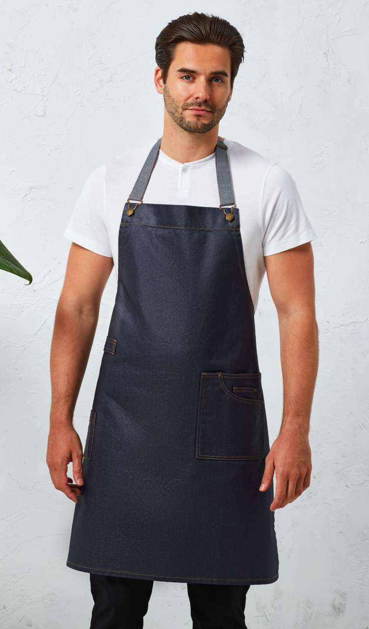 'DISTRICT' WAXED LOOK DENIM BIB APRON - Indigo Denim - Model