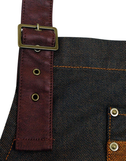 'DIVISION' WAXED LOOK DENIM BIB APRON WITH FAUX LEATHER - Indigo/Brown Denim - Additional