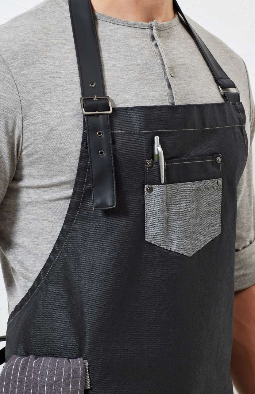 'DIVISION' WAXED LOOK DENIM BIB APRON WITH FAUX LEATHER - Indigo Denim - Additional