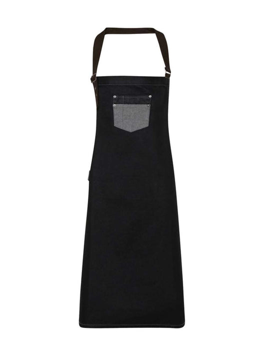 'DIVISION' WAXED LOOK DENIM BIB APRON WITH FAUX LEATHER - Black Denim - Main