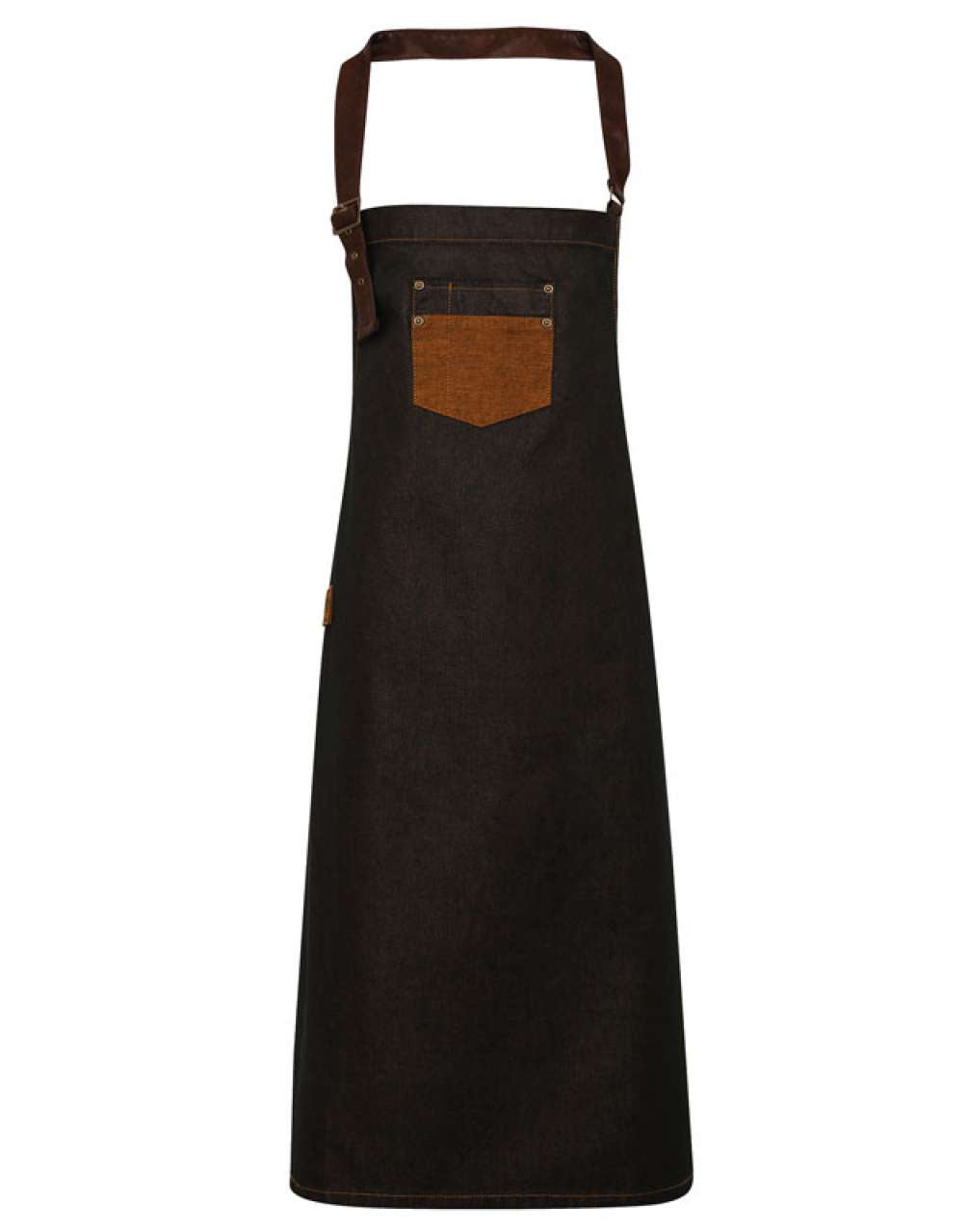'DIVISION' WAXED LOOK DENIM BIB APRON WITH FAUX LEATHER - Black/Tan Denim - Main