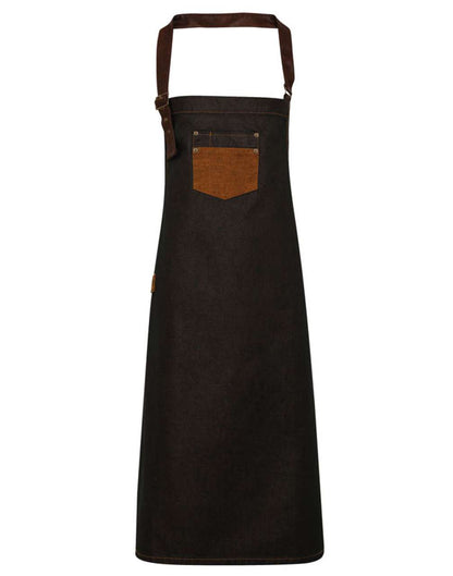 'DIVISION' WAXED LOOK DENIM BIB APRON WITH FAUX LEATHER - Black/Tan Denim - Main