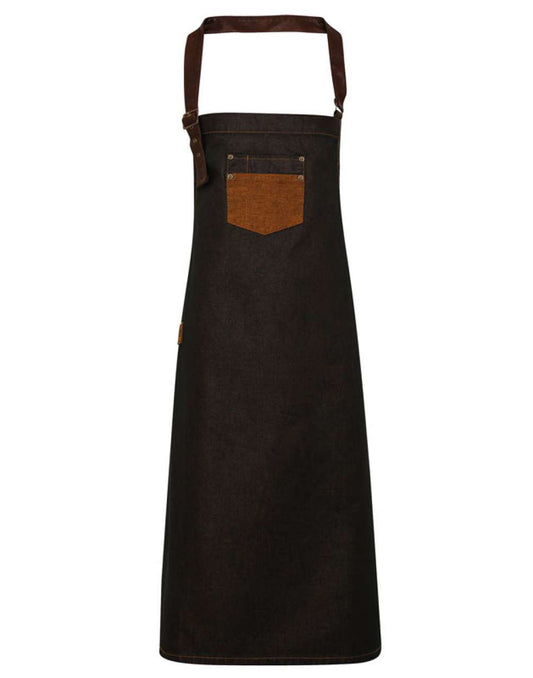 'DIVISION' WAXED LOOK DENIM BIB APRON WITH FAUX LEATHER - Black/Tan Denim - Main