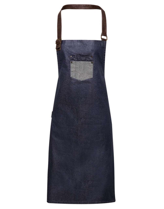'DIVISION' WAXED LOOK DENIM BIB APRON WITH FAUX LEATHER - Indigo Denim - Main
