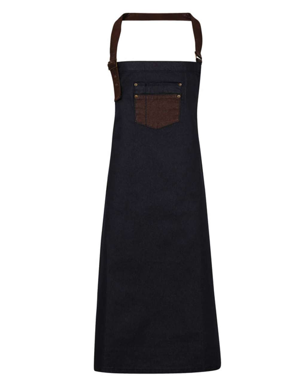 'DIVISION' WAXED LOOK DENIM BIB APRON WITH FAUX LEATHER - Indigo/Brown Denim - Main