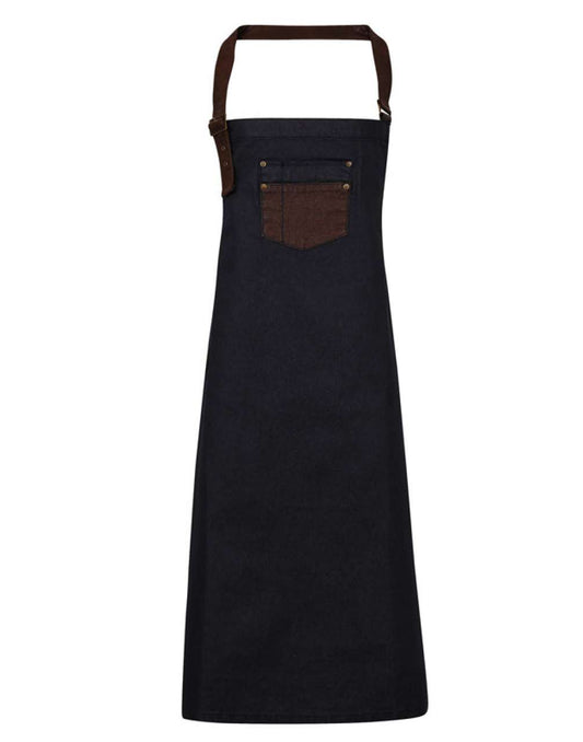 'DIVISION' WAXED LOOK DENIM BIB APRON WITH FAUX LEATHER - Indigo/Brown Denim - Main
