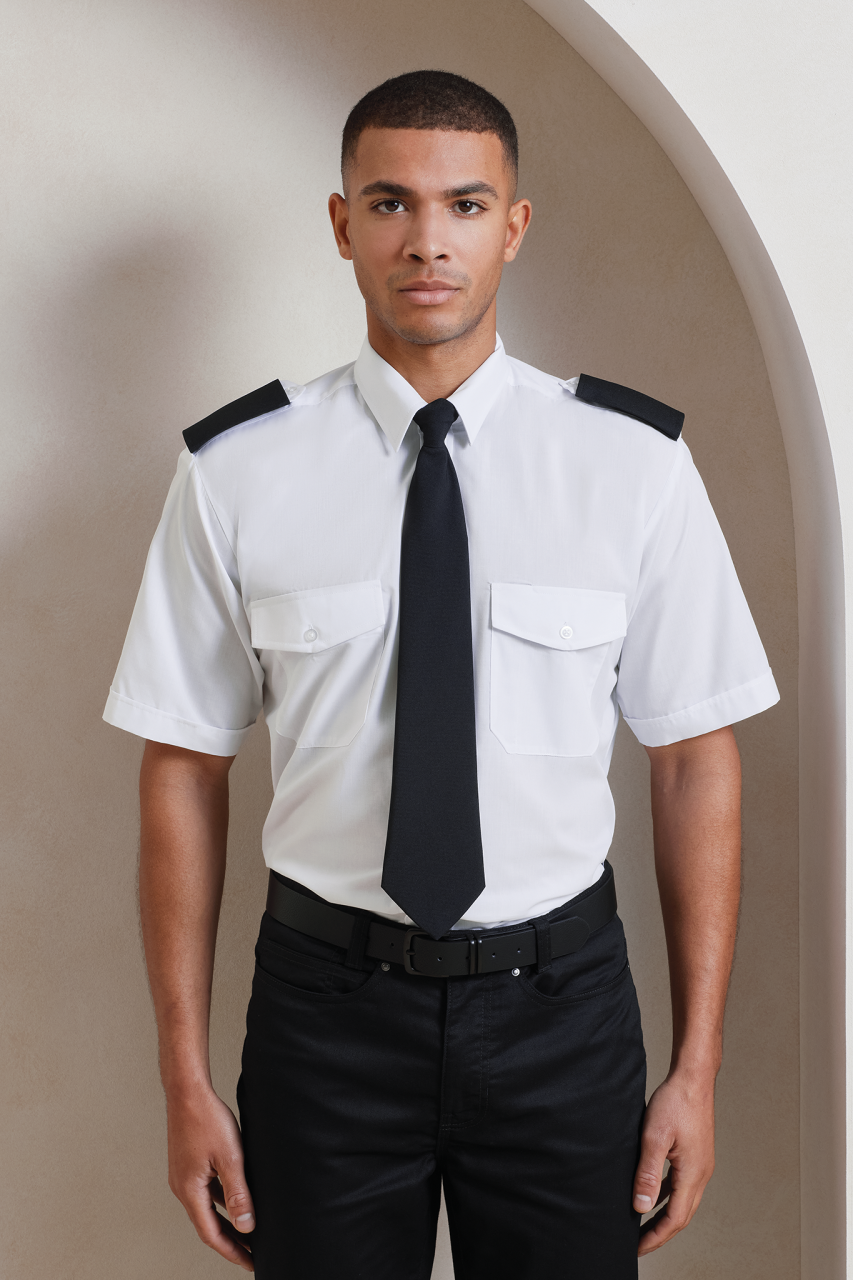 MEN’S SHORT SLEEVE PILOT SHIRT - White - Model