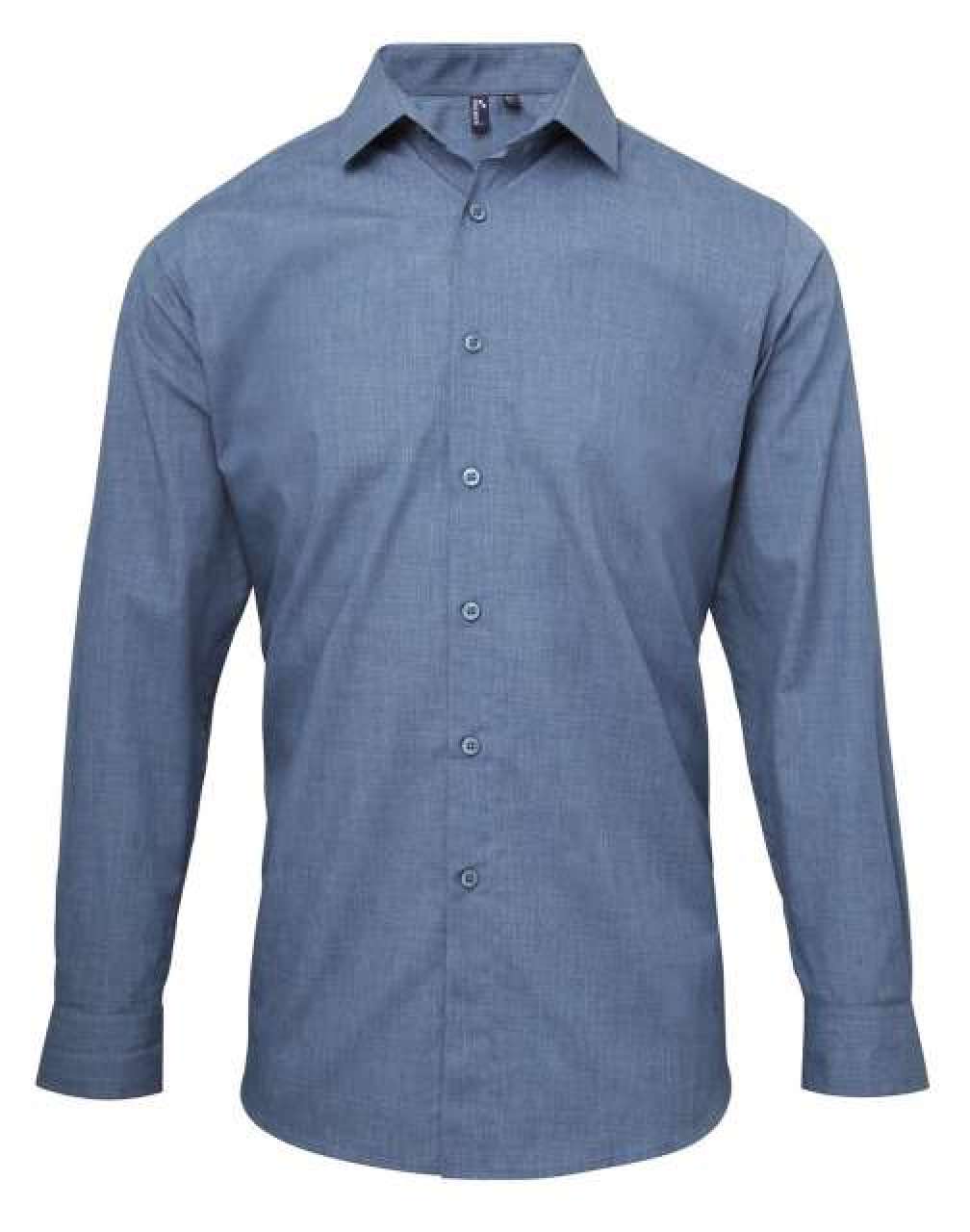 MEN'S CROSS-DYE ROLL SLEEVE POPLIN BAR SHIRT - Grey Denim - Model