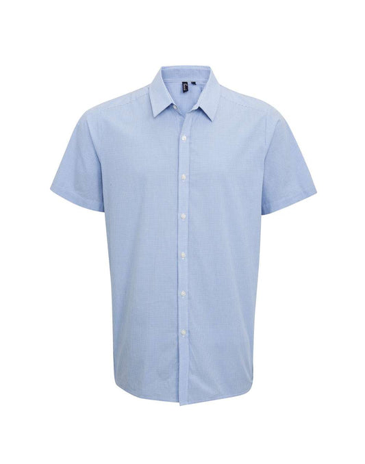 MEN'S SHORT SLEEVE GINGHAM COTTON MICROCHECK SHIRT - Light Blue/White - Main