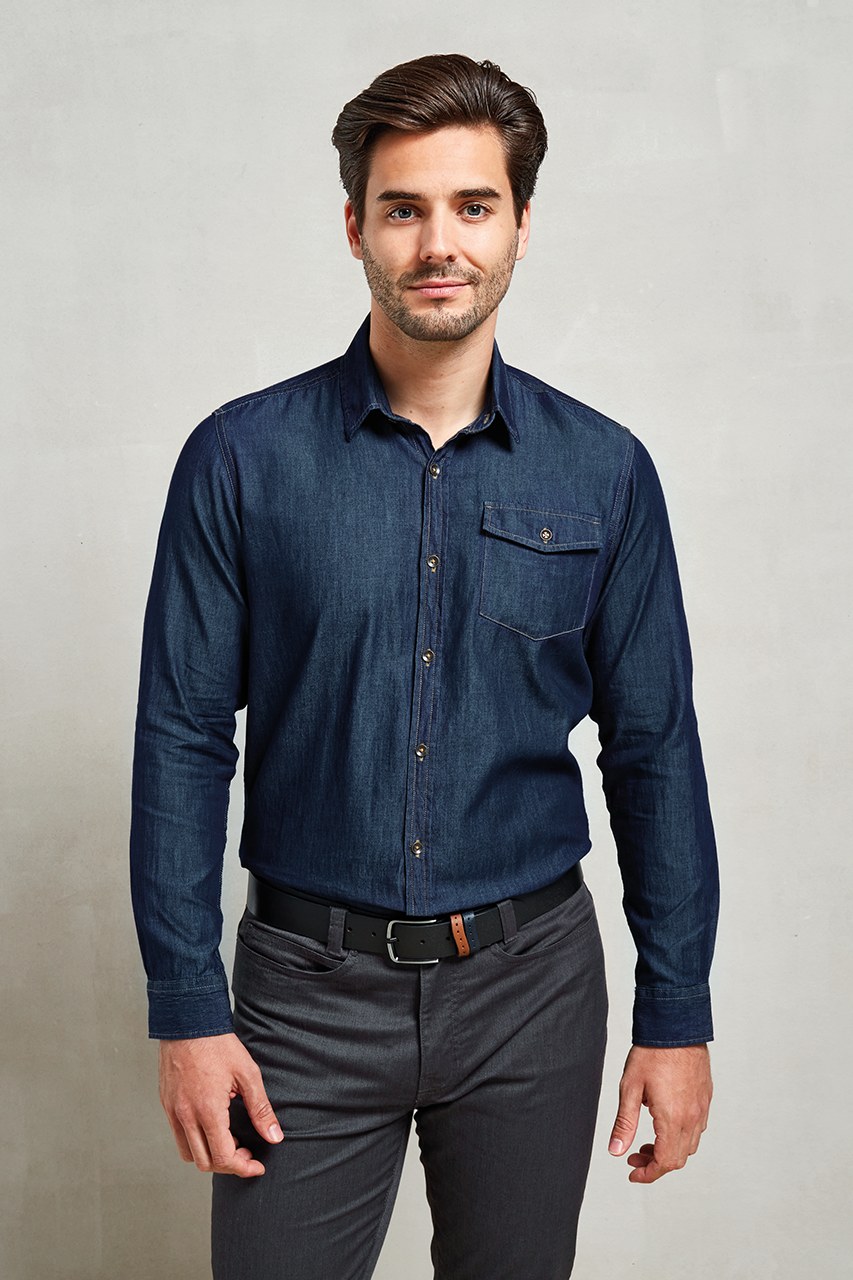 MEN’S JEANS STITCH DENIM SHIRT - Indigo Denim - Model