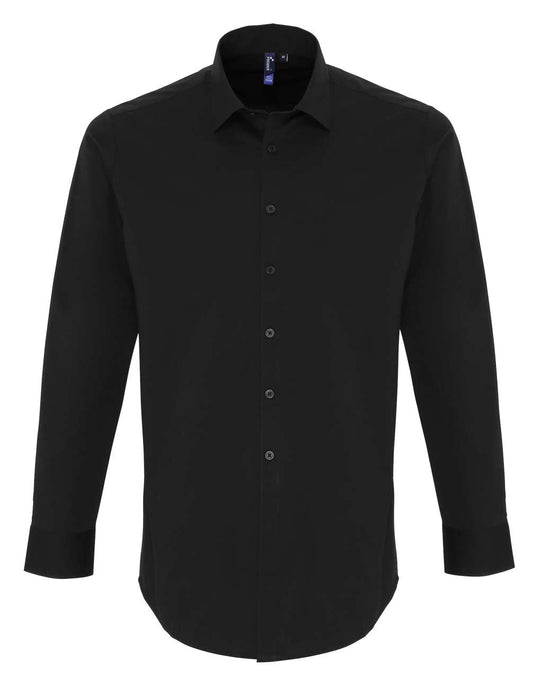 MEN'S STRETCH-FIT COTTON POPLIN LONG SLEEVE SHIRT - Black - colorimageurl