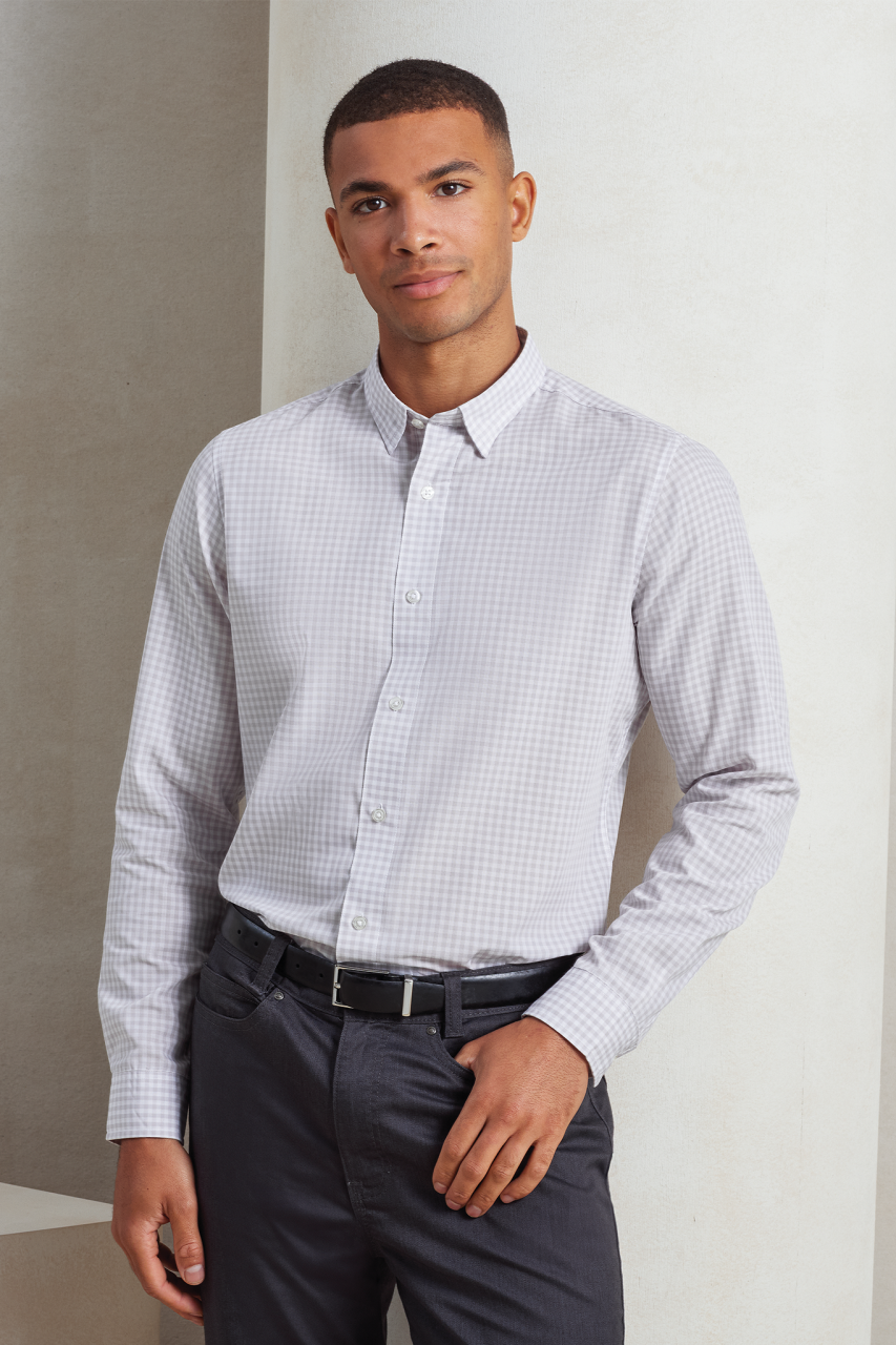 'MAXTON' CHECK MEN'S LONG SLEEVE SHIRT - Light Blue/White - modelimageurl