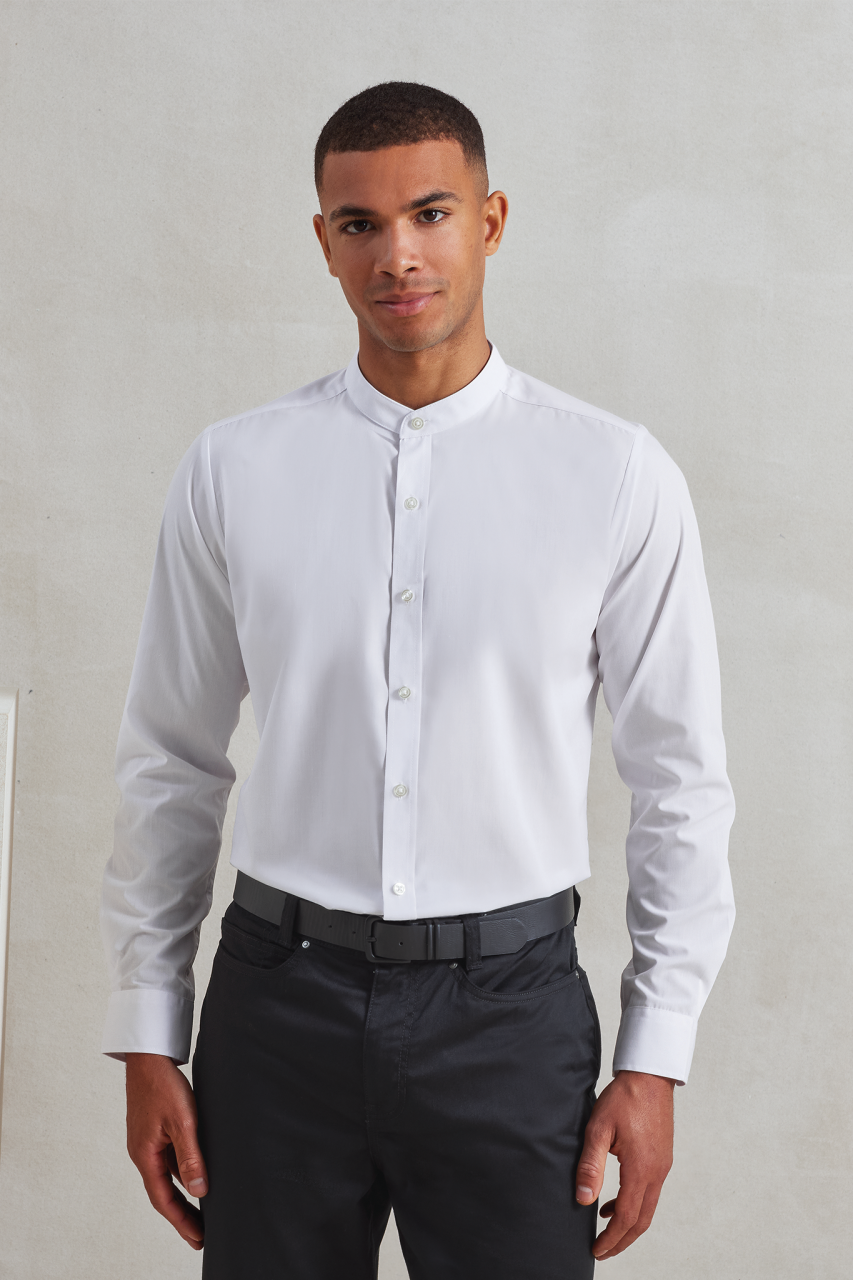BANDED COLLAR 'GRANDAD' LONG SLEEVE SHIRT - Black - modelimageurl