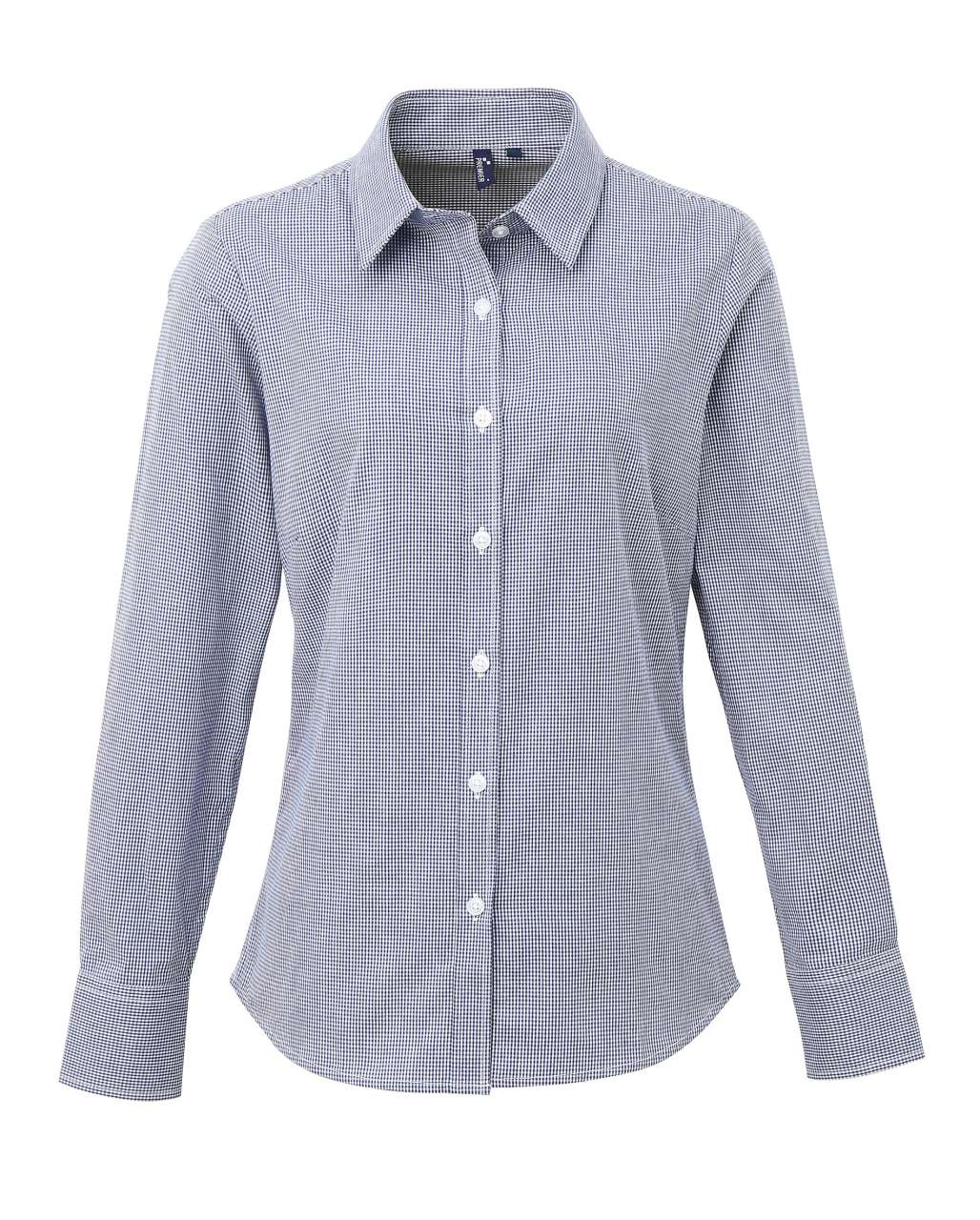 WOMEN'S LONG SLEEVE GINGHAM MICROCHECK SHIRT - Navy/White - Main