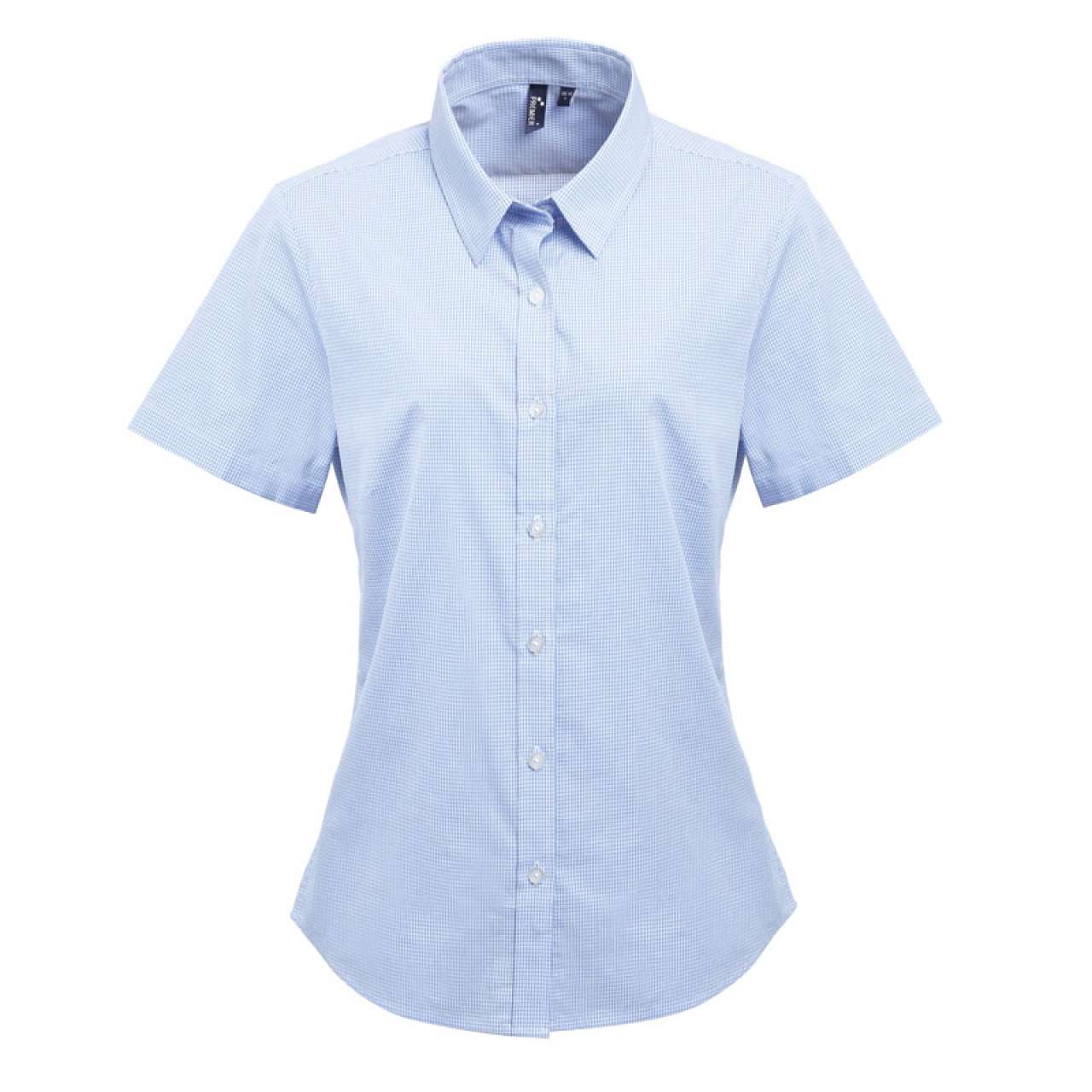 WOMEN'S SHORT SLEEVE GINGHAM MICROCHECK SHIRT - Light Blue/White - Main