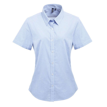 WOMEN'S SHORT SLEEVE GINGHAM MICROCHECK SHIRT - Light Blue/White - Main