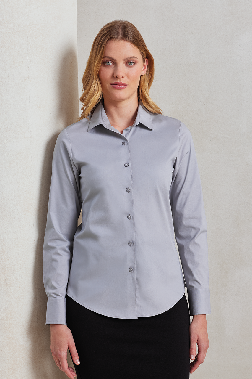 WOMEN'S STRETCH-FIT COTTON POPLIN LONG SLEEVE SHIRT - Silver - Main