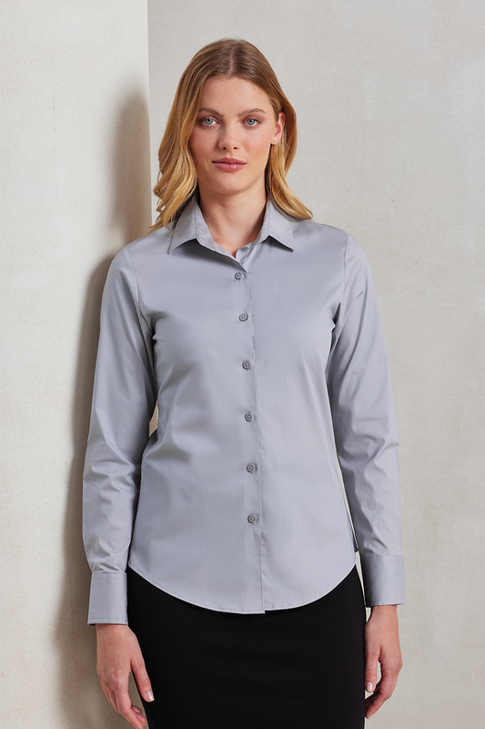 WOMEN'S STRETCH-FIT COTTON POPLIN LONG SLEEVE SHIRT - Silver - Main