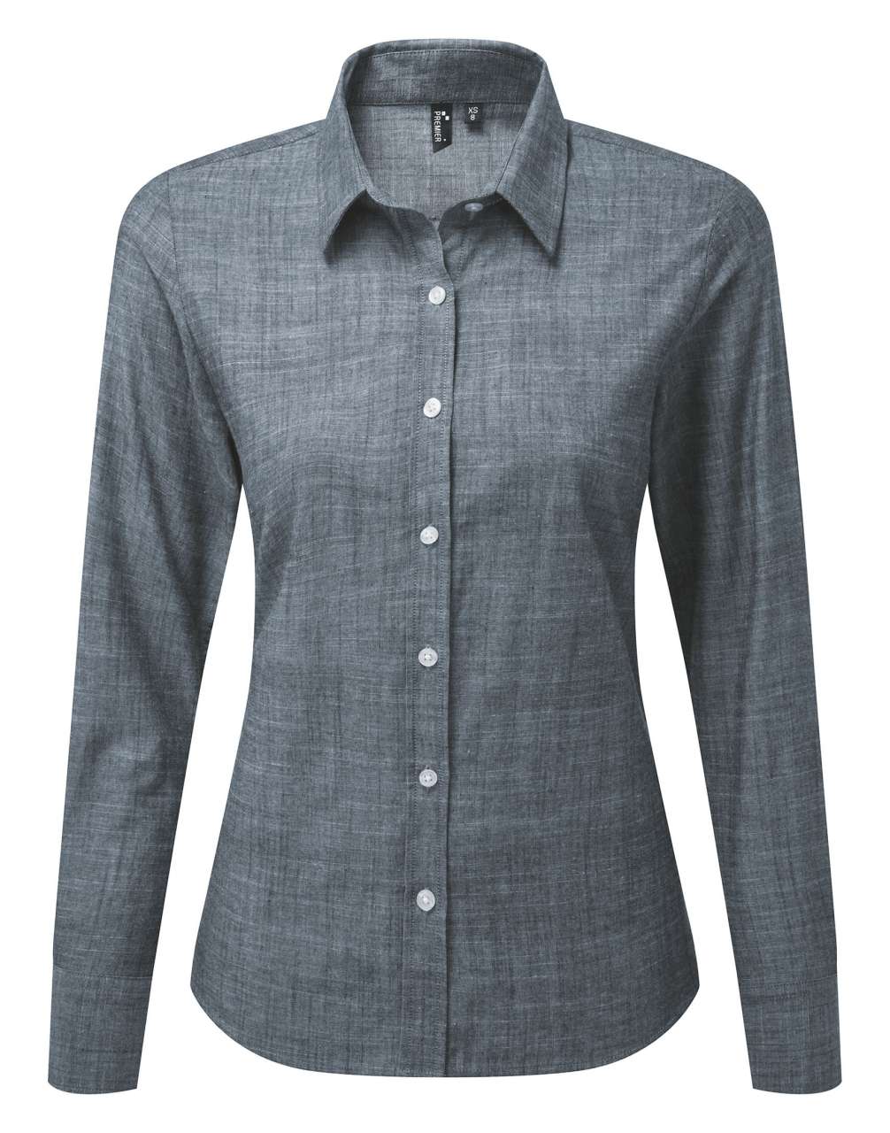 WOMEN'S COTTON SLUB CHAMBRAY LONG SLEEVE SHIRT - Red - Model