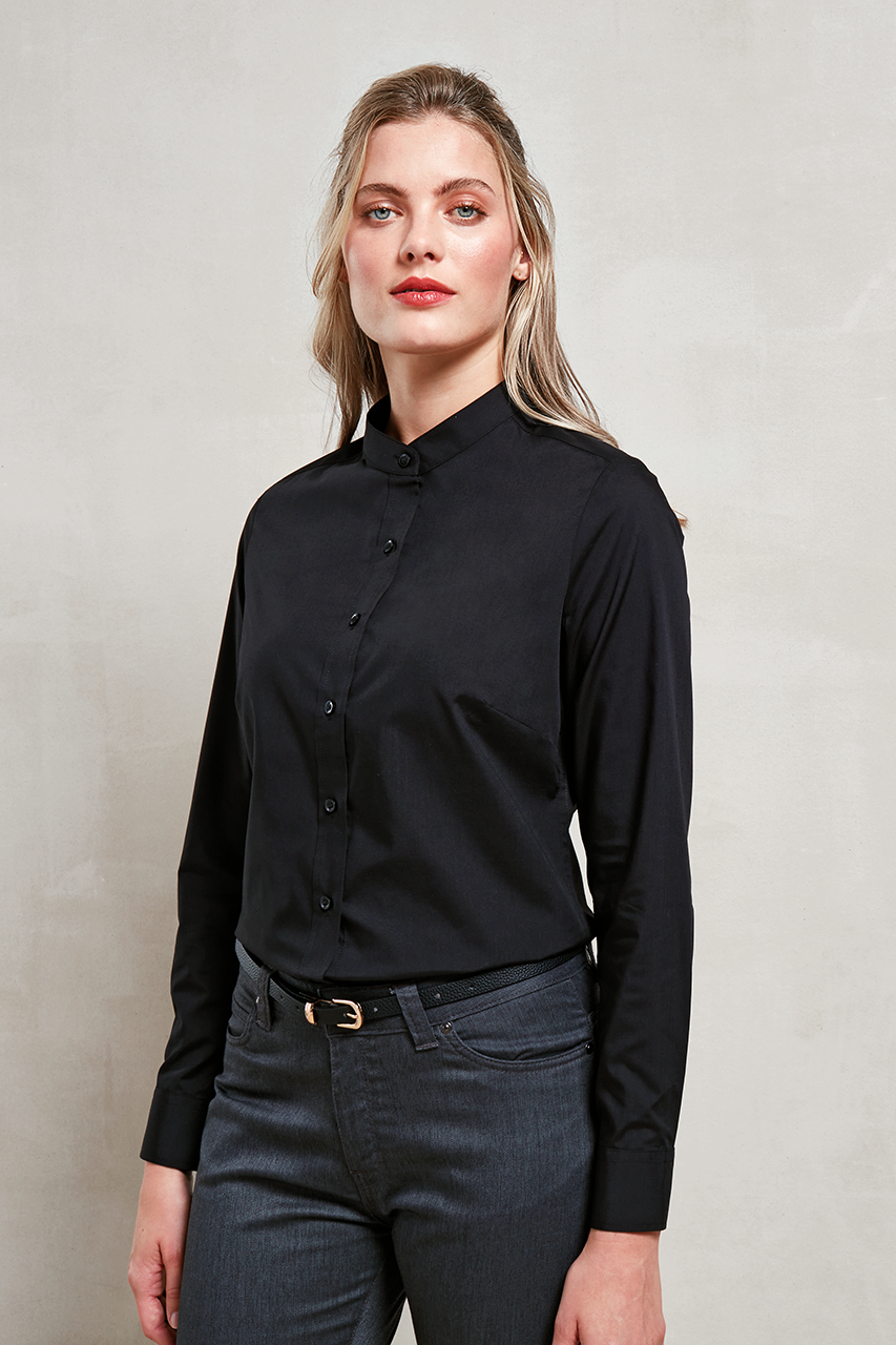 WOMEN’S BANDED COLLAR 'GRANDAD' SHIRT - Black - modelimageurl